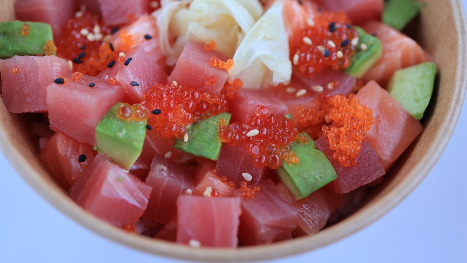 Ahi poke bowl with avocado and fish roe